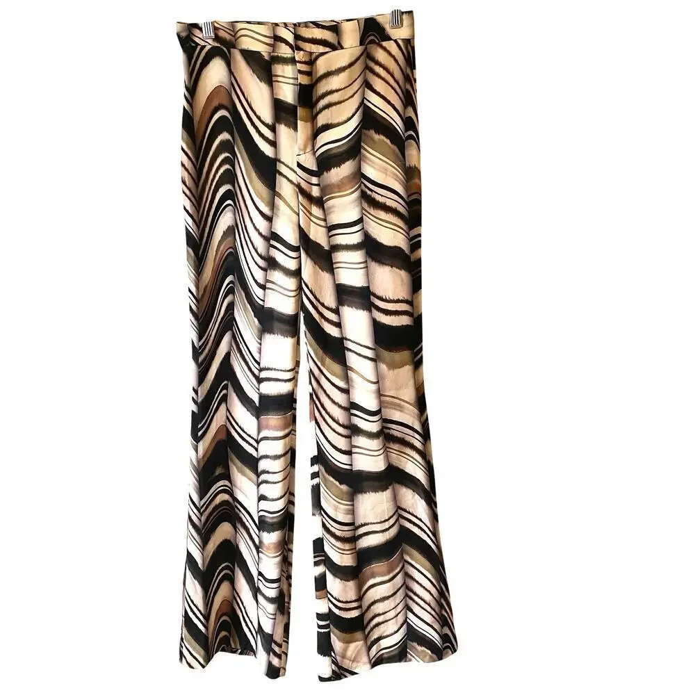 Zara Brown Abstract Print Wide Leg Trouser Dress Pants Women XS Boho Retro Looks